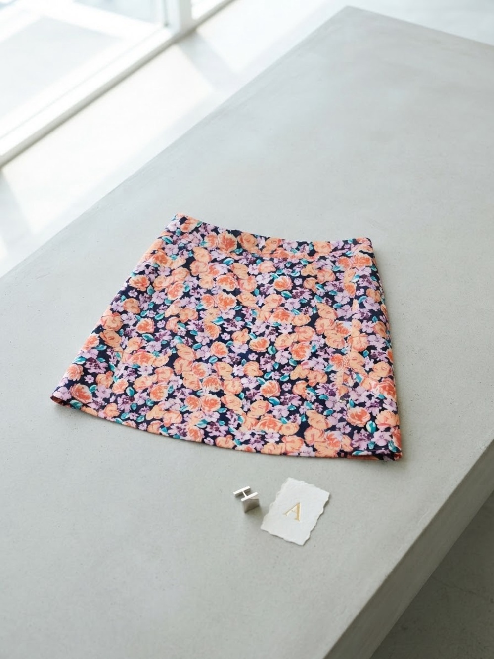 Floral A-Line Mini Skirt in Peach and Navy